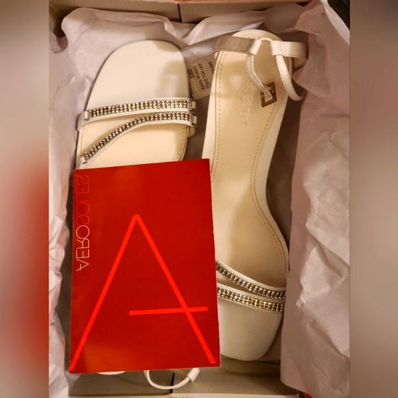 Aerosoles "Fresh Start" White Leather (Rhinestone Encrusted) Ankle Strap Sandals - Picture 6 of 11